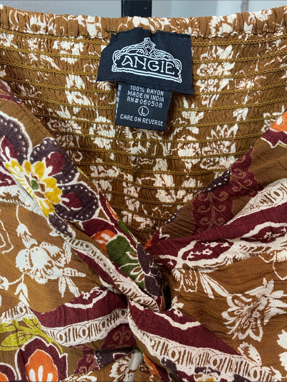Angie Mustard Floral Peasant Blouse with Border Print🌵🌼beautiful! SzL - Picture 3 of 5